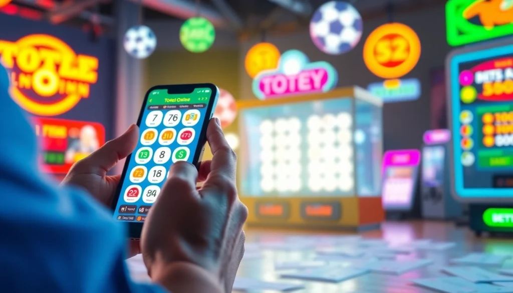 Mengakses togel online melalui smartphone dengan tiket lotere berwarna-warni di latar belakang.