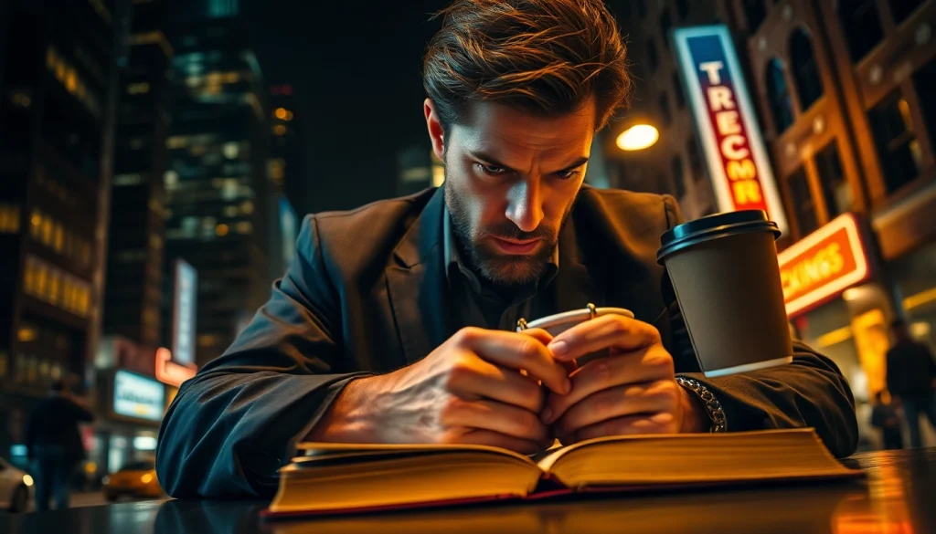 Action thriller author immersed in writing amidst an energetic urban setting, highlighting creative intensity.