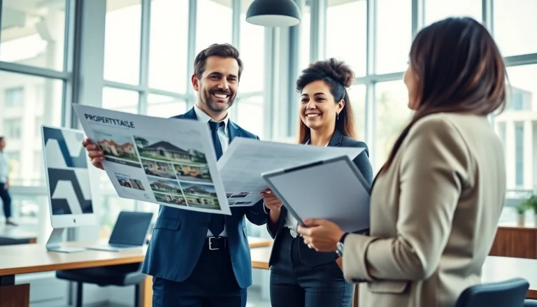 Real Estate agent presenting property options in a modern office.