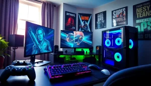 Engaging gaming office scene featuring rr88 com inspiration with modern technology setup.