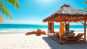 Enjoying the beautiful coastal cabana on a sunny beach with vibrant colors and relaxing atmosphere.