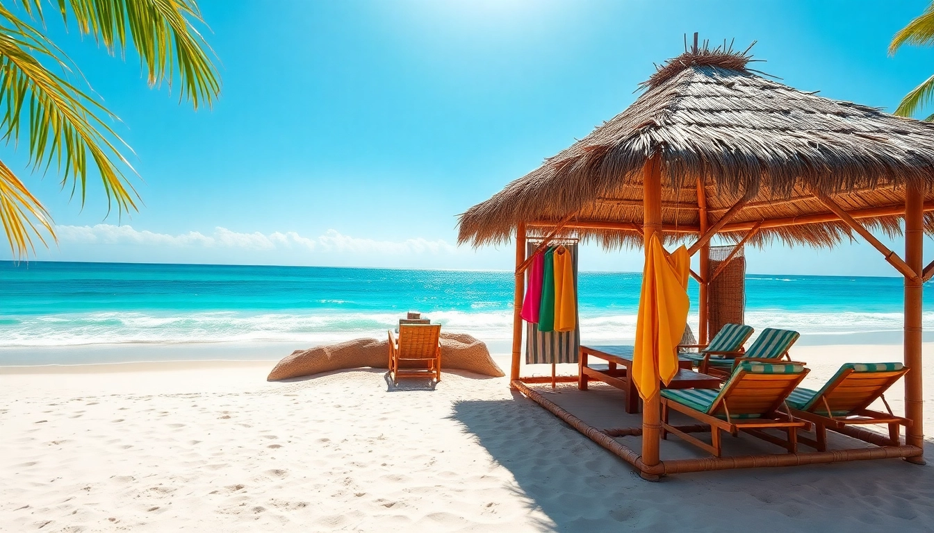 Enjoying the beautiful coastal cabana on a sunny beach with vibrant colors and relaxing atmosphere.
