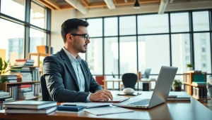 Enhance your language skills with https://www.elitetranslingo.com, showcasing a professional linguist in a vibrant office.