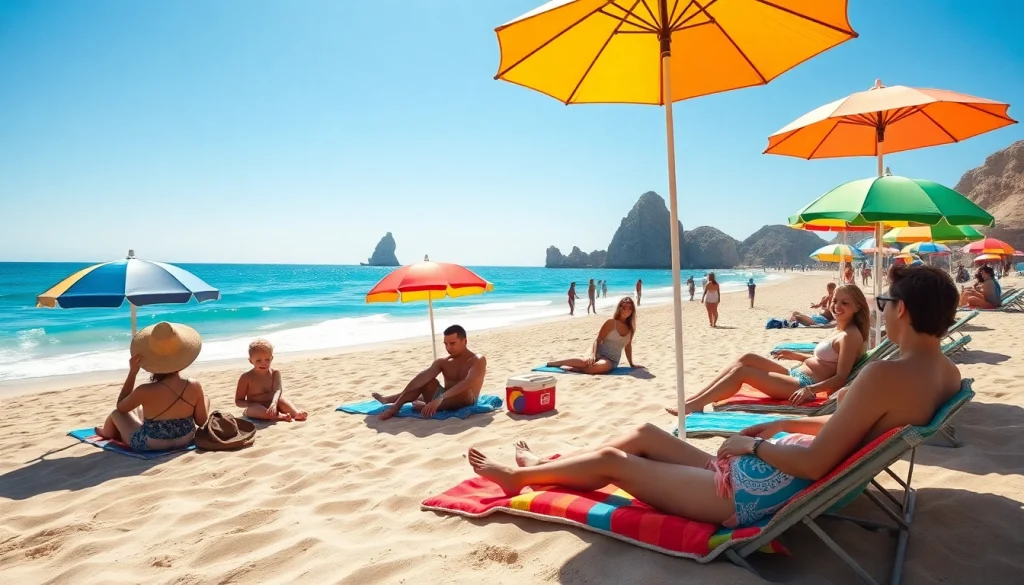 Budget travel Cabo scene with beachgoers enjoying sun, sand, and fun.