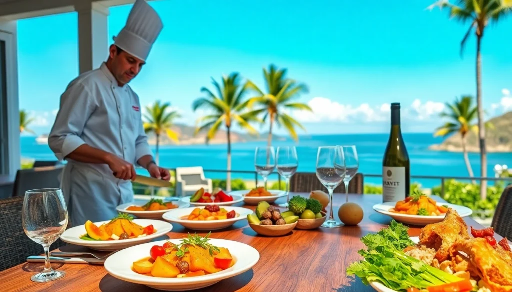 Private chef St Martin preparing a gourmet dish in a luxurious villa setting with stunning ocean views.