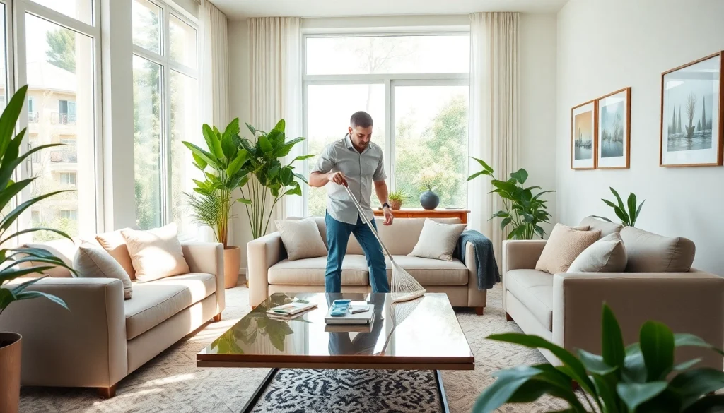 Enhance your home with our Cleaning Service as a professional cleans a modern living space.