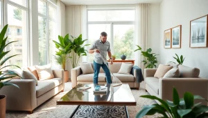 Enhance your home with our Cleaning Service as a professional cleans a modern living space.