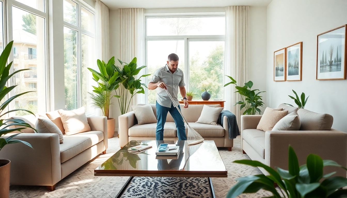 Enhance your home with our Cleaning Service as a professional cleans a modern living space.