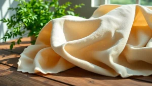 Ongebleekt katoen met natuurlijke textuur mooi uitgestald op een rustieke tafel.