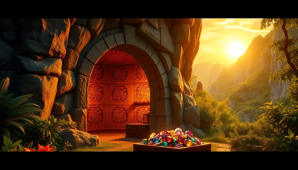 Discover treasures at King Solomon's Mine depicted in a stunning golden sunset landscape.