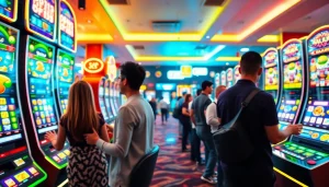 Menggambarkan permainan toto slot online yang menarik di dalam suasana kasino yang ceria