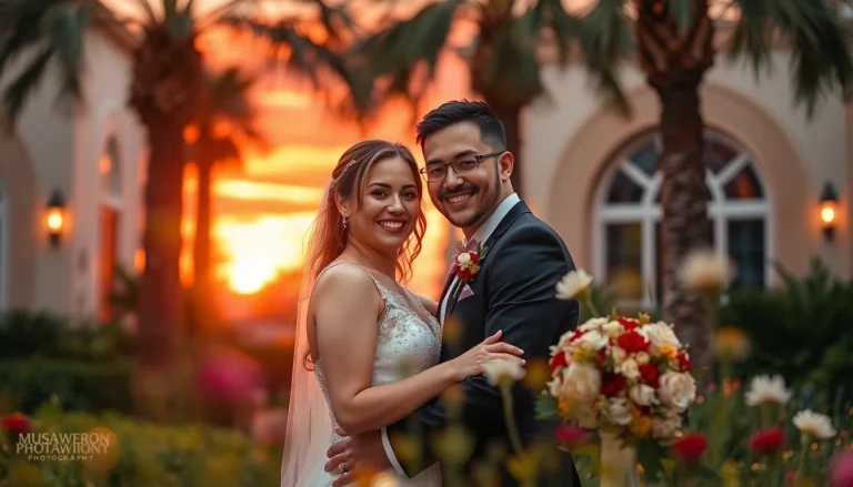 Cherished wedding moments captured in photography Tampa FL, showcasing a joyful couple in sunset light.