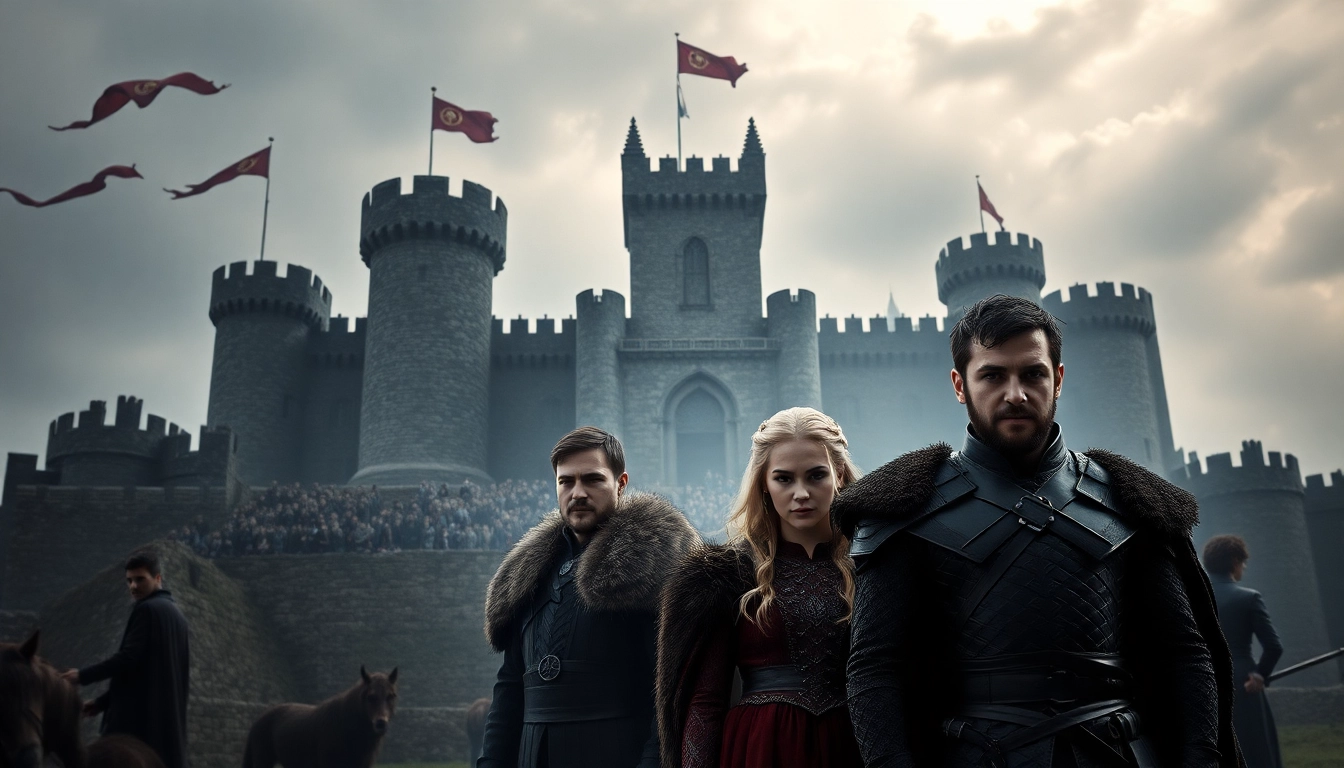 Engaging composition of the game of thrones cast embodying their iconic roles in a dramatic setting.