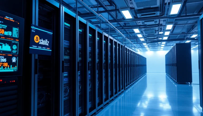 Bitcoin cloud mining facility with advanced mining rigs and digital interfaces.