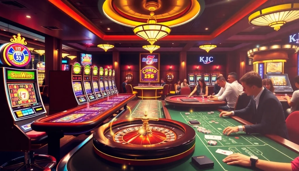 KJC AC 3 - A lively casino scene with poker tables, slot machines, and players enjoying games.