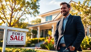 Real Estate agent showcasing a modern home for sale, engaging with clients in a vibrant setting.