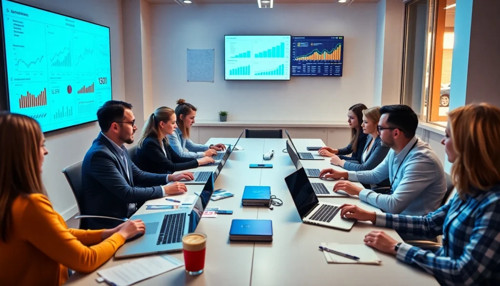 A dynamic seo agency team brainstorming digital strategies in a modern office.