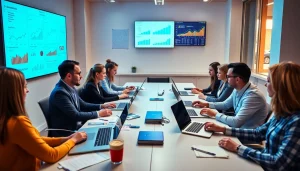 A dynamic seo agency team brainstorming digital strategies in a modern office.