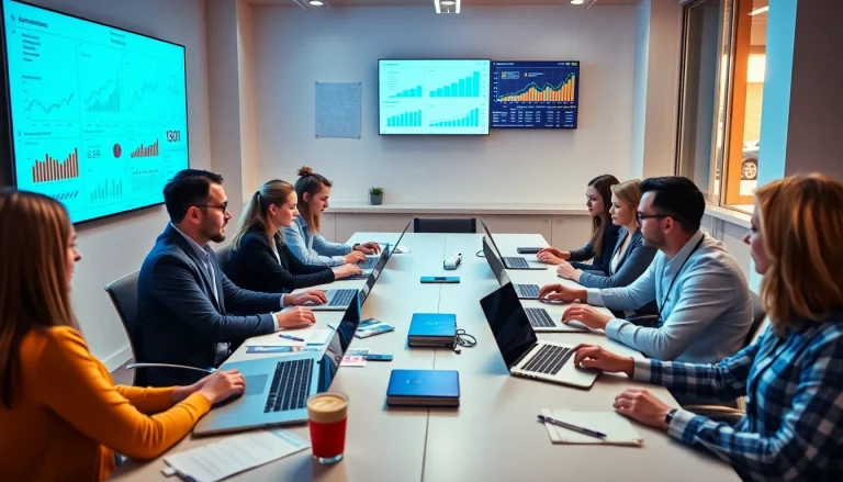 A dynamic seo agency team brainstorming digital strategies in a modern office.