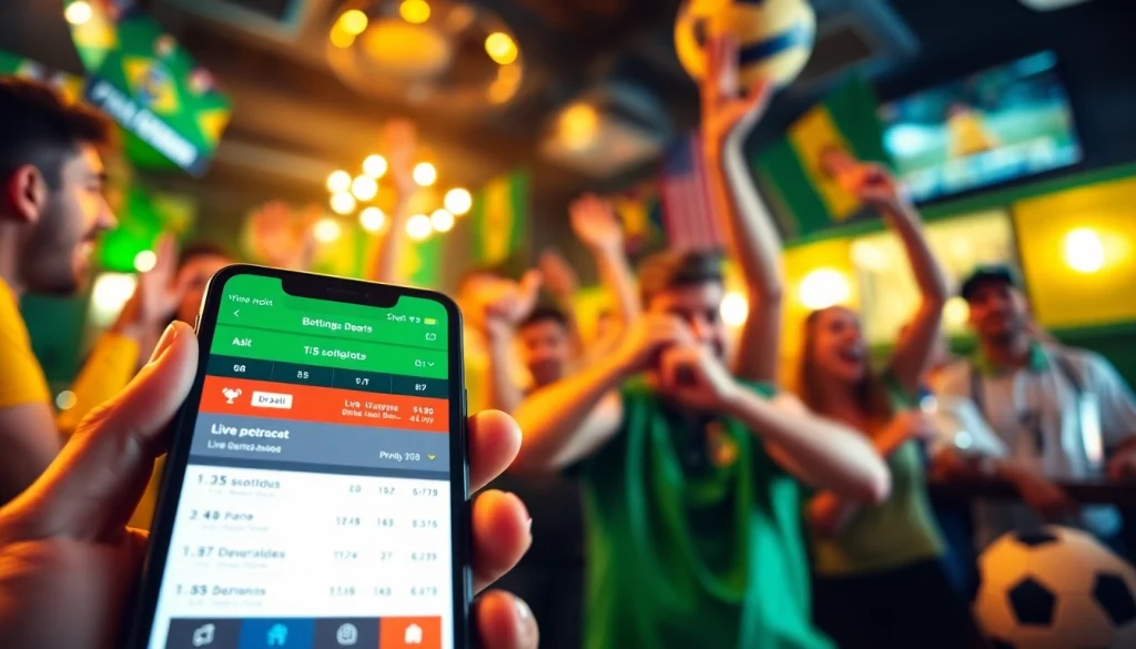 Engaging scene of sports betting Brazil featuring a smartphone in a vibrant bar filled with sports fans.