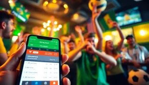 Engaging scene of sports betting Brazil featuring a smartphone in a vibrant bar filled with sports fans.