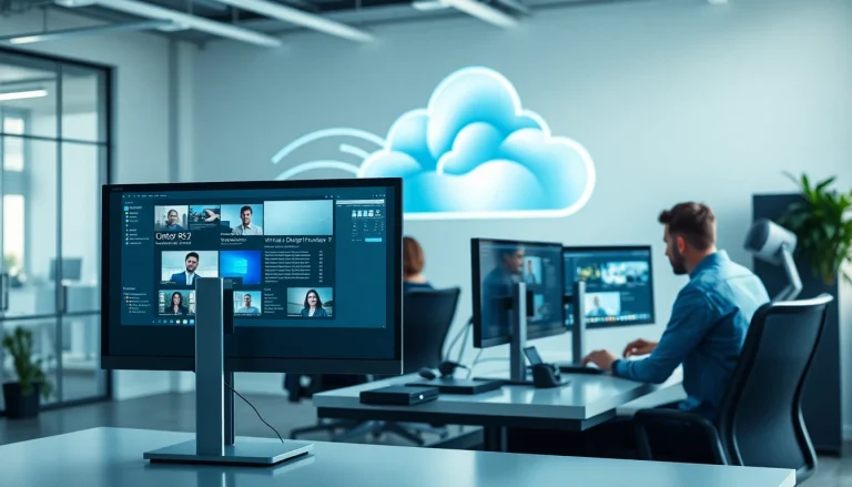 Collaboration on Virtual Desktop Infrastructure (VDI) in a modern office setting with diverse team members.