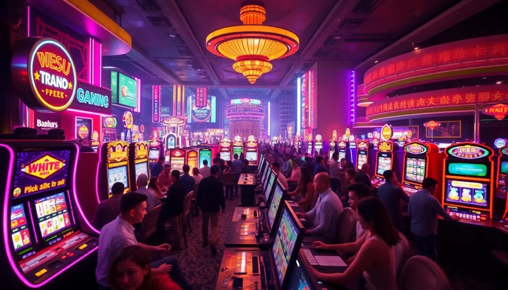 Menampilkan suasana bandar toto macau yang ramai dan penuh warna di kasino malam hari.