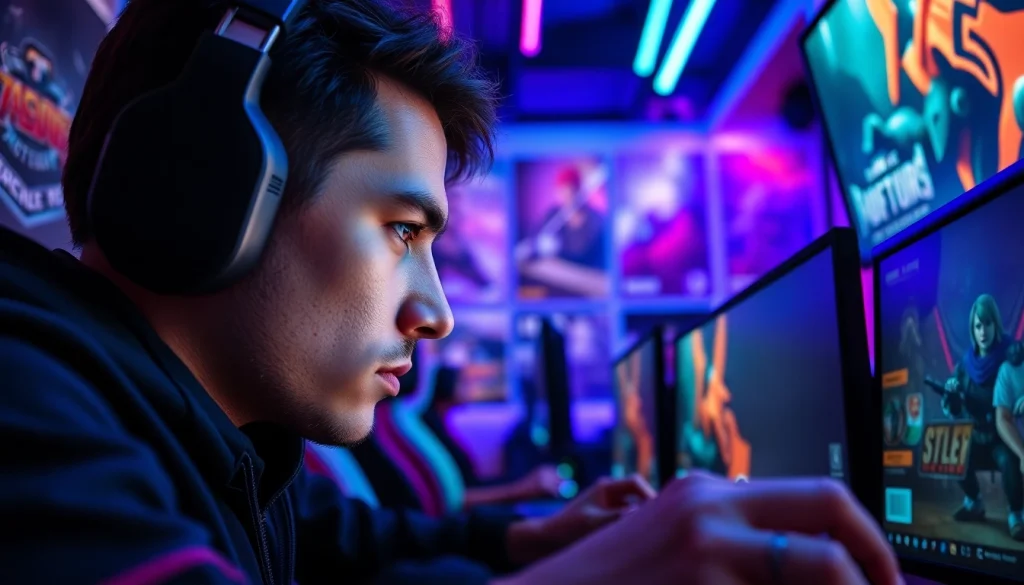 Menampilkan daftar lapak303 game dalam suasana gaming yang energetik dan futuristik.