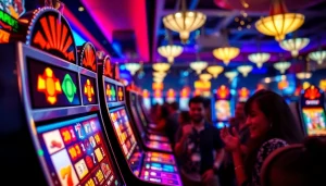 Permainan toto slot online yang menarik dengan mesin slot berwarna-warni dan pemain bersemangat.