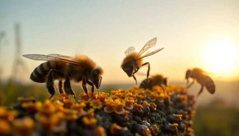 Observa cuadros de colmena repletos de abejas en acción sobre un fondo natural.
