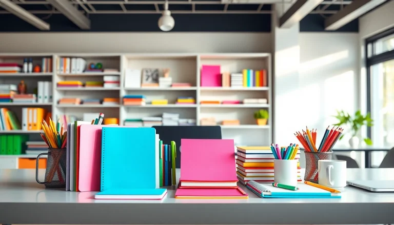 Showcase of stationery suppliers uk products highlighting colorful office supplies on a modern desk
