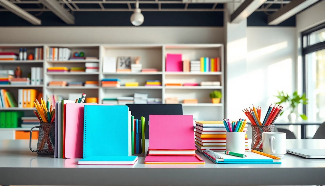 Showcase of stationery suppliers uk products highlighting colorful office supplies on a modern desk