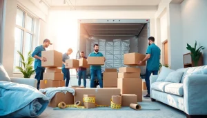 Toronto moving company team efficiently relocating furniture in a bright apartment.