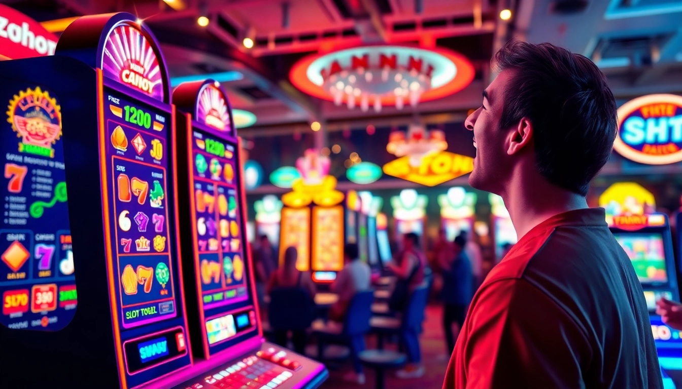 Menampilkan pemain bersemangat saat bermain slot togel dengan pemasangan permainan yang berwarna-warni.