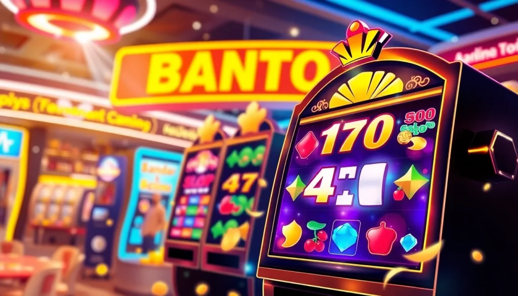 Menangkan permainan bandar toto 4d slot dengan slot machine yang penuh warna dan suasana kasino digital.