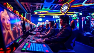 Bandar togel dengan pemain fokus pada layar game, dikelilingi peralatan berwarna cerah.