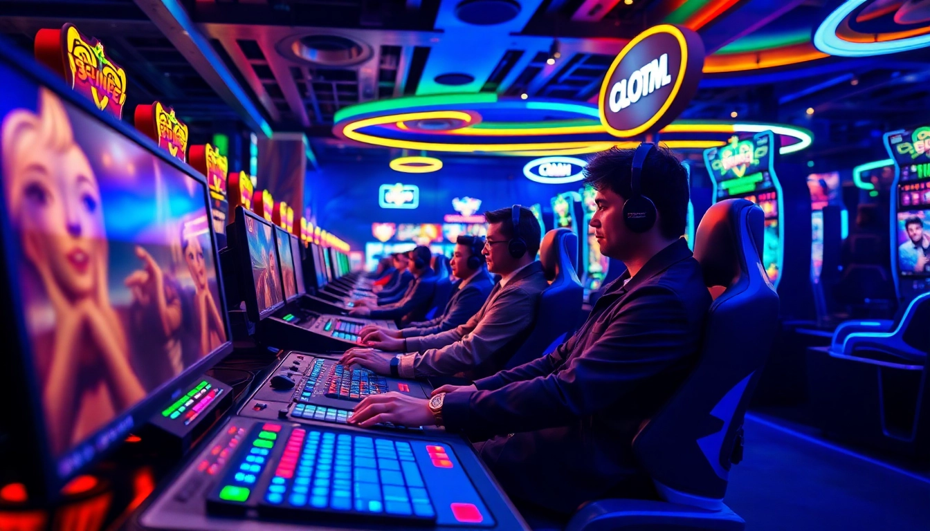 Bandar togel dengan pemain fokus pada layar game, dikelilingi peralatan berwarna cerah.