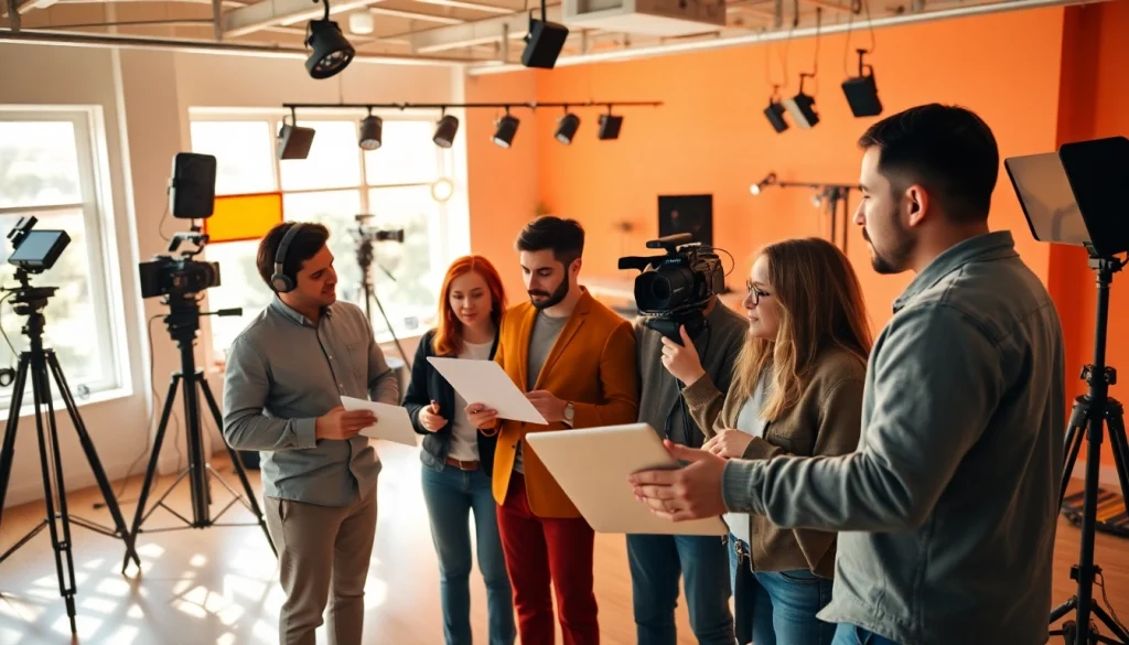 Capture the dynamic collaboration of a Creative Video Production Agency in a modern studio