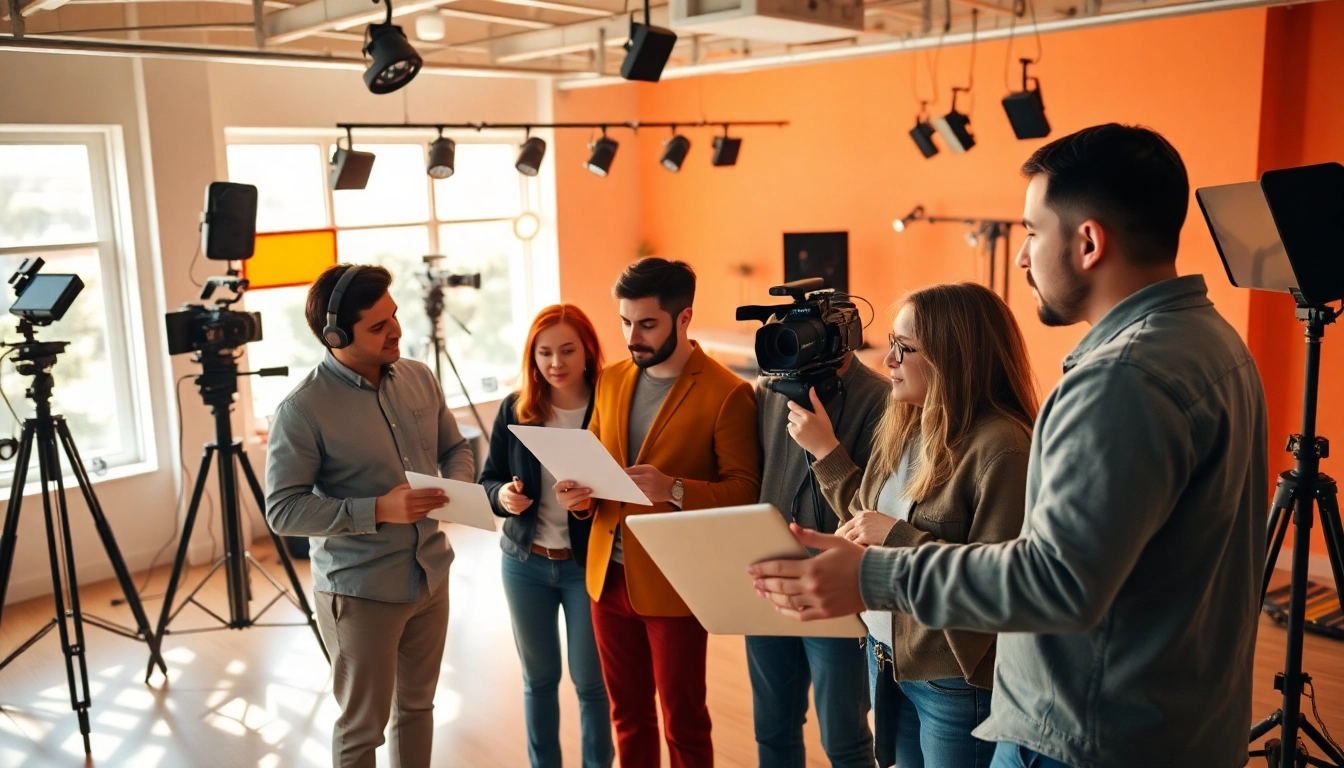 Capture the dynamic collaboration of a Creative Video Production Agency in a modern studio