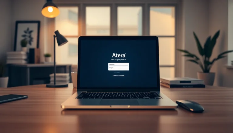 Atera login screen displayed on a laptop in a cozy workspace, inviting secure access.