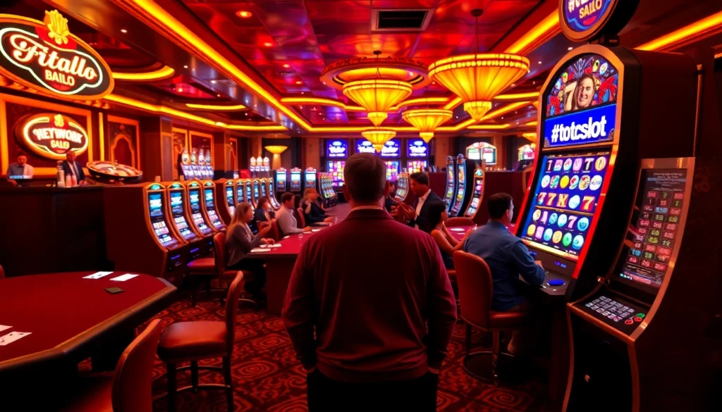 Toto slot players experiencing excitement at a luxurious casino with vibrant slot machines and engaging gameplay.