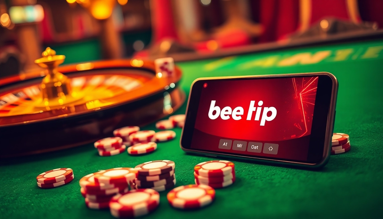 Tương tác với Bet VIP App trong khi trải nghiệm không khí casino sôi động với các chip poker và bàn roulette.