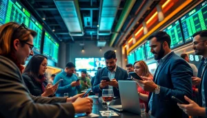 Engaging community discussing sports betting Alabama through mobile apps in a lively setting.