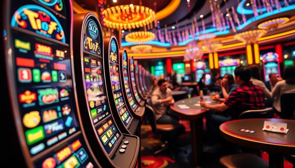 Play the exciting slot hoki game at a lively casino scene capturing vibrant energy and joy.