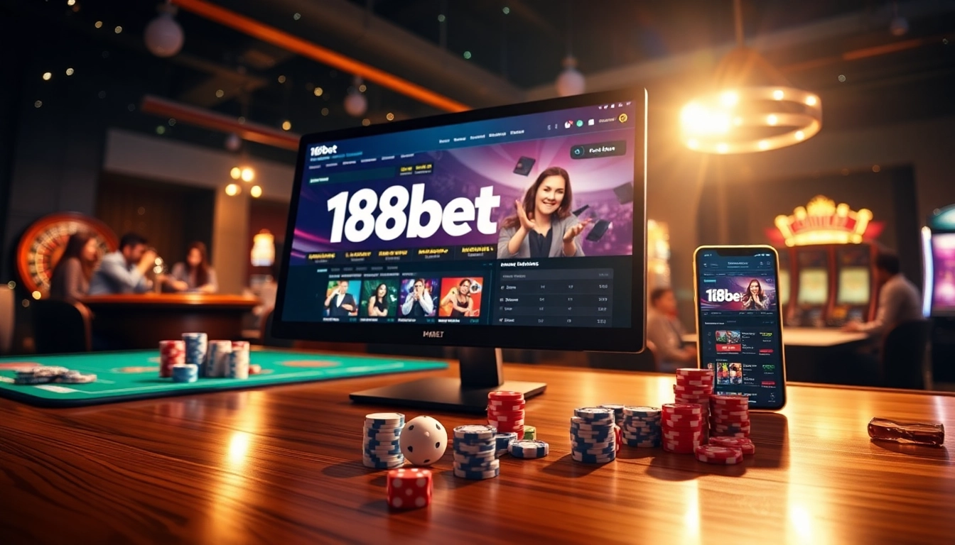 Experience the thrill of 188bet gaming with a modern casino setup, featuring poker chips and a roulette wheel.