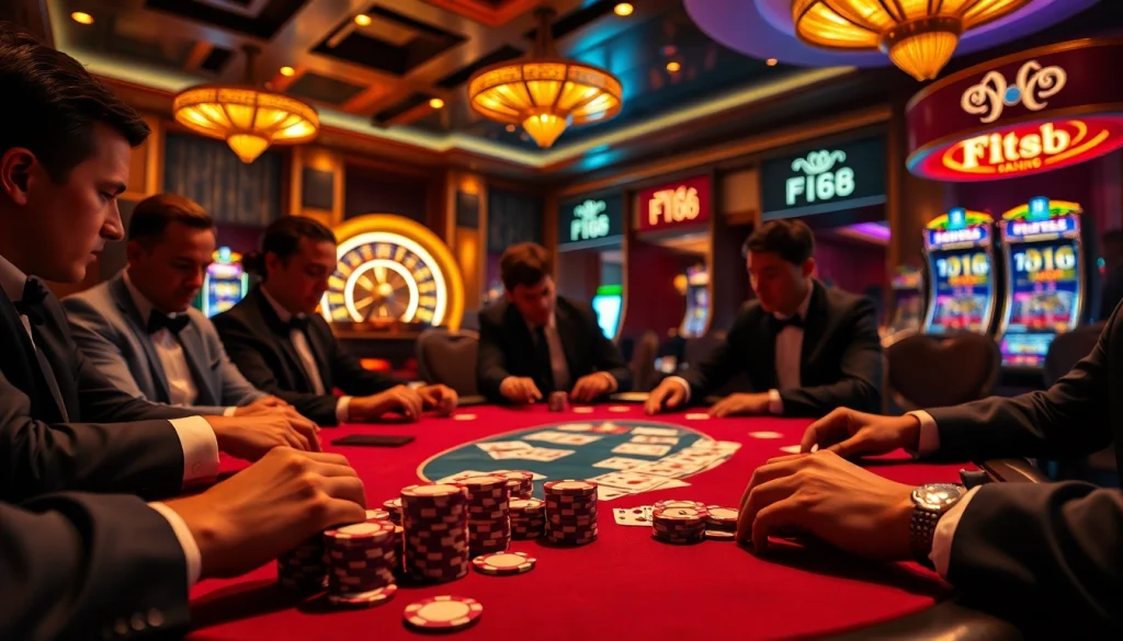 Engage with ลิงก์ F168 at a thrilling poker game in a luxurious casino atmosphere filled with excitement.