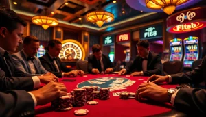 Engage with ลิงก์ F168 at a thrilling poker game in a luxurious casino atmosphere filled with excitement.