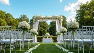 Couples enjoy beautiful Clarksburg Wedding Venues during a picturesque outdoor ceremony setup.