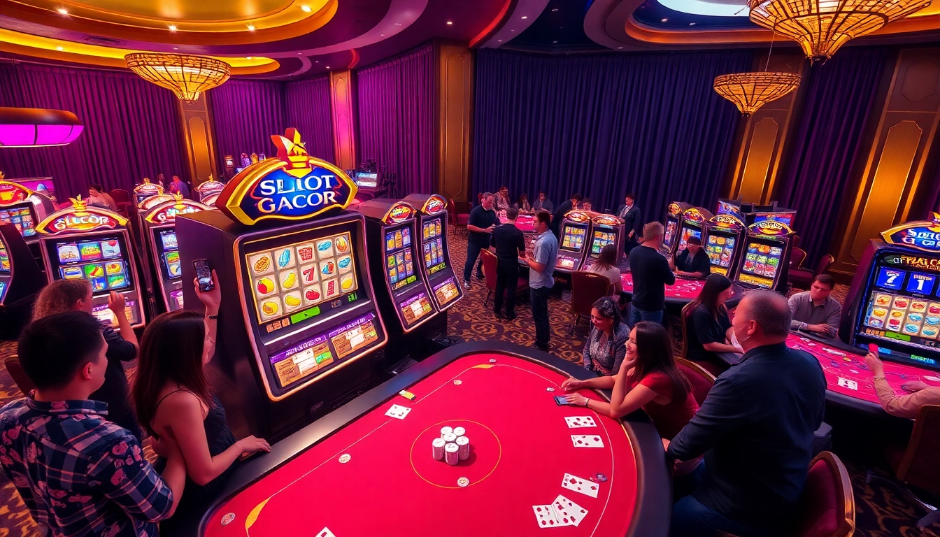 Experience the thrill of Slot Gacor as players engage with vibrant slot machines in a dazzling casino atmosphere.