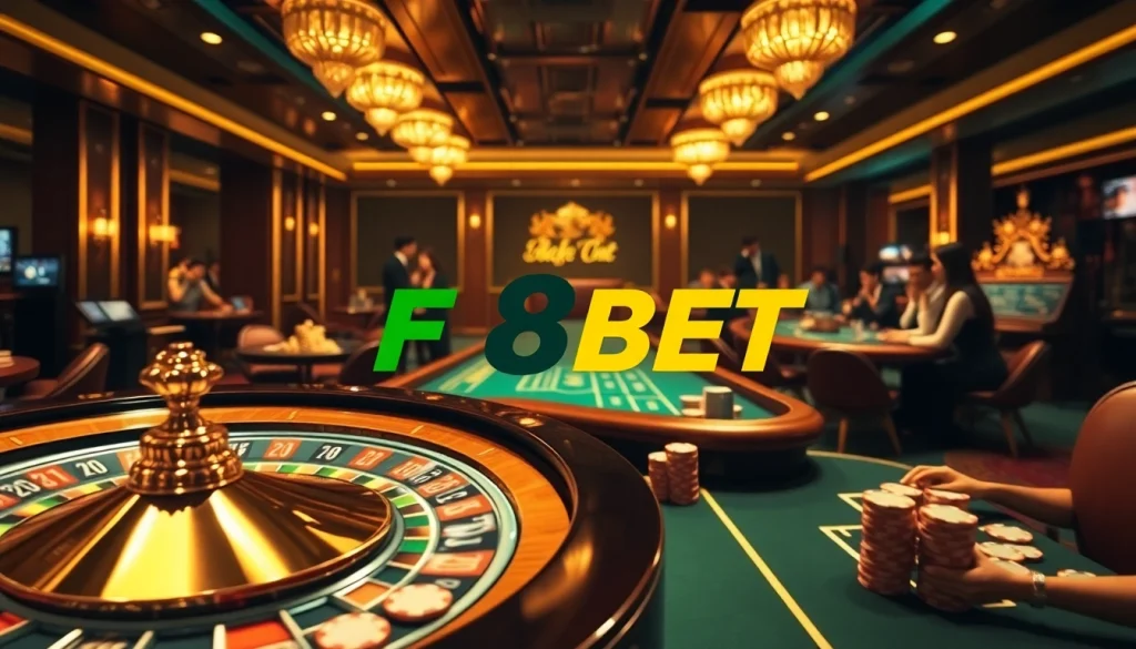 Experience the excitement of F8BET with a vibrant casino scene featuring players engaged at tables and machines.